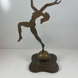 Vintage Art Deco Brass Figural Woman Acrobat Dancer Pen Rest Sculpture.